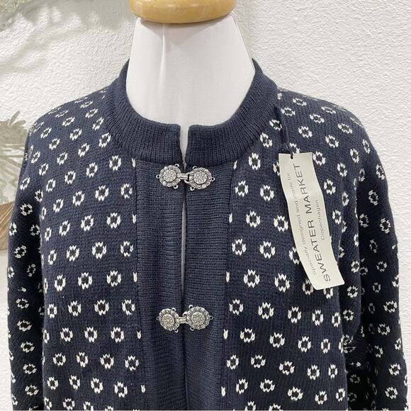 NWT Handknitted Sweater Market Denmark Wool Cardigan Pewter Clasps Navy XL - Picture 2 of 7